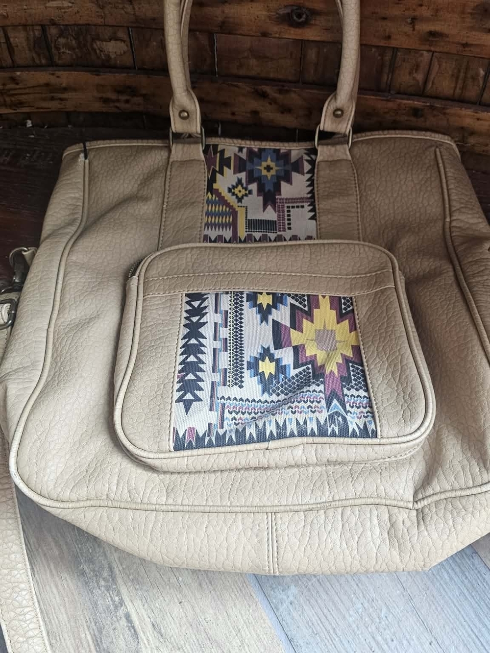Women's Beige Tote Bag with Aztec Accent